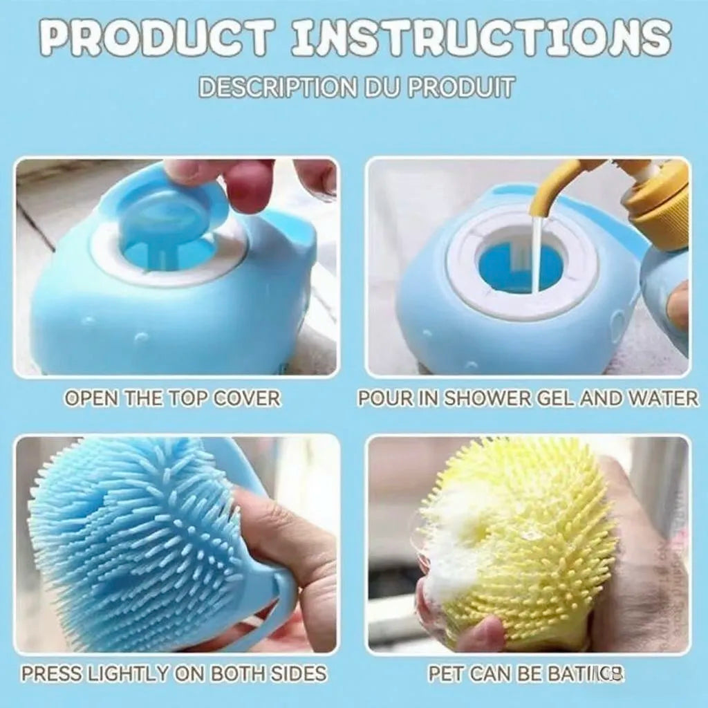 Brosse de massage en silicone souple pour animaux de compagnie avec compartiment à shampoing intégré