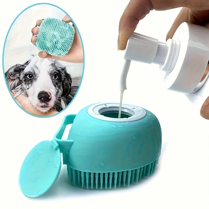 Brosse de massage en silicone souple pour animaux de compagnie avec compartiment à shampoing intégré
