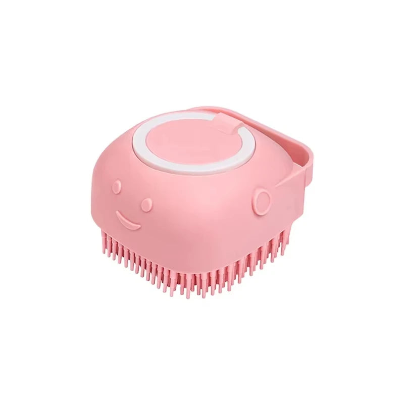 Brosse de massage en silicone souple pour animaux de compagnie avec compartiment à shampoing intégré