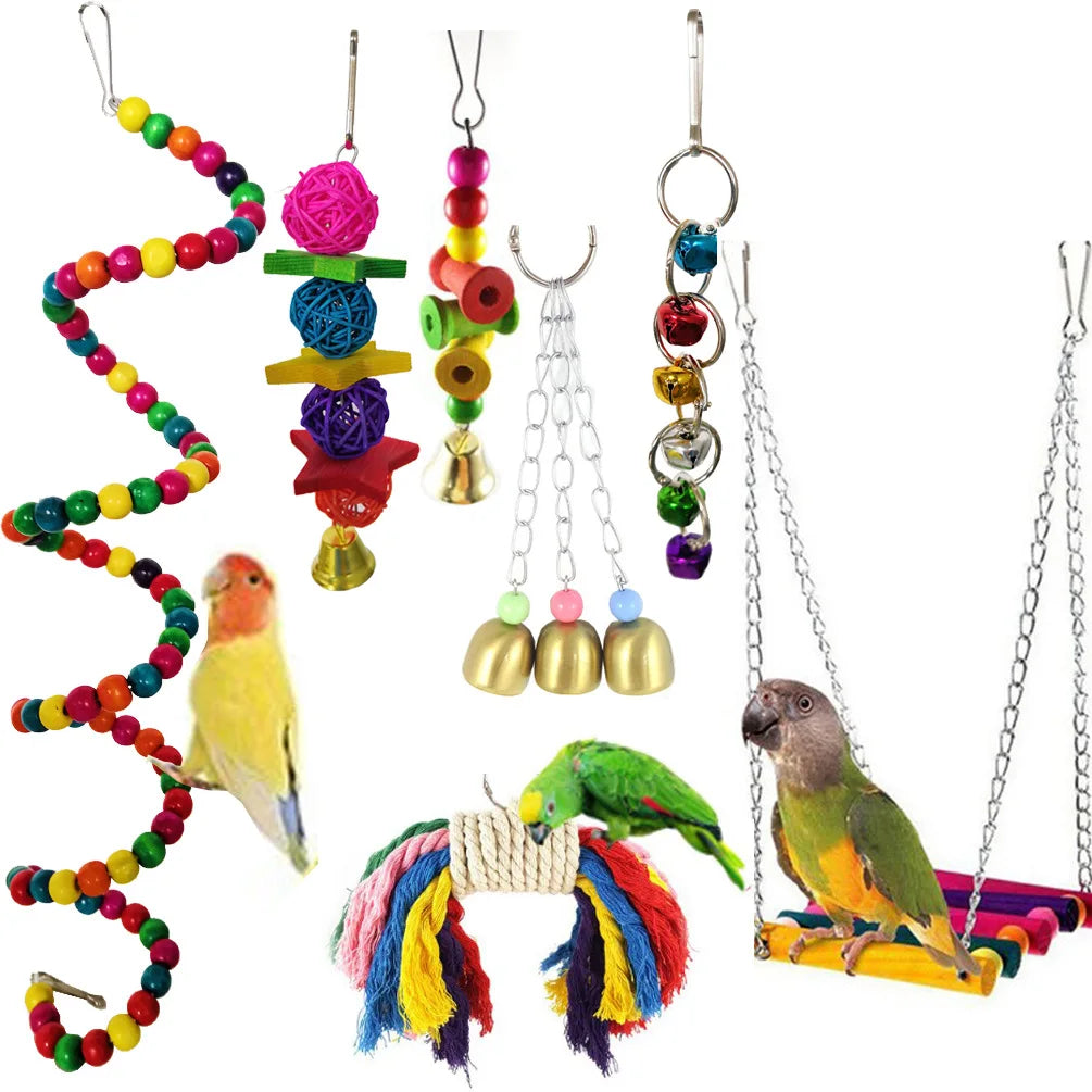 Lot de 7 jouets en bois pour perroquets, accessoires pour cage à oiseaux, balançoire, pont suspendu, clochettes, etc.