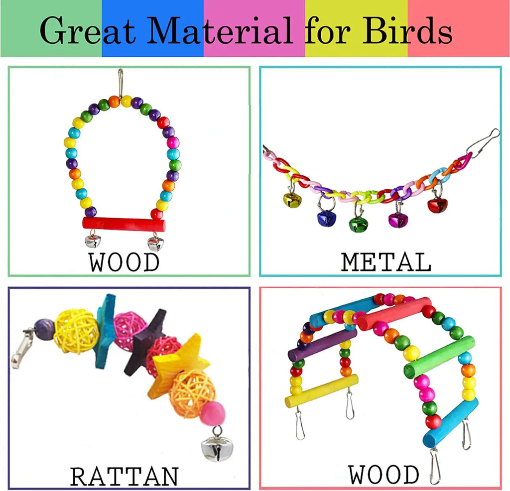 Lot de 7 jouets en bois pour perroquets, accessoires pour cage à oiseaux, balançoire, pont suspendu, clochettes, etc.