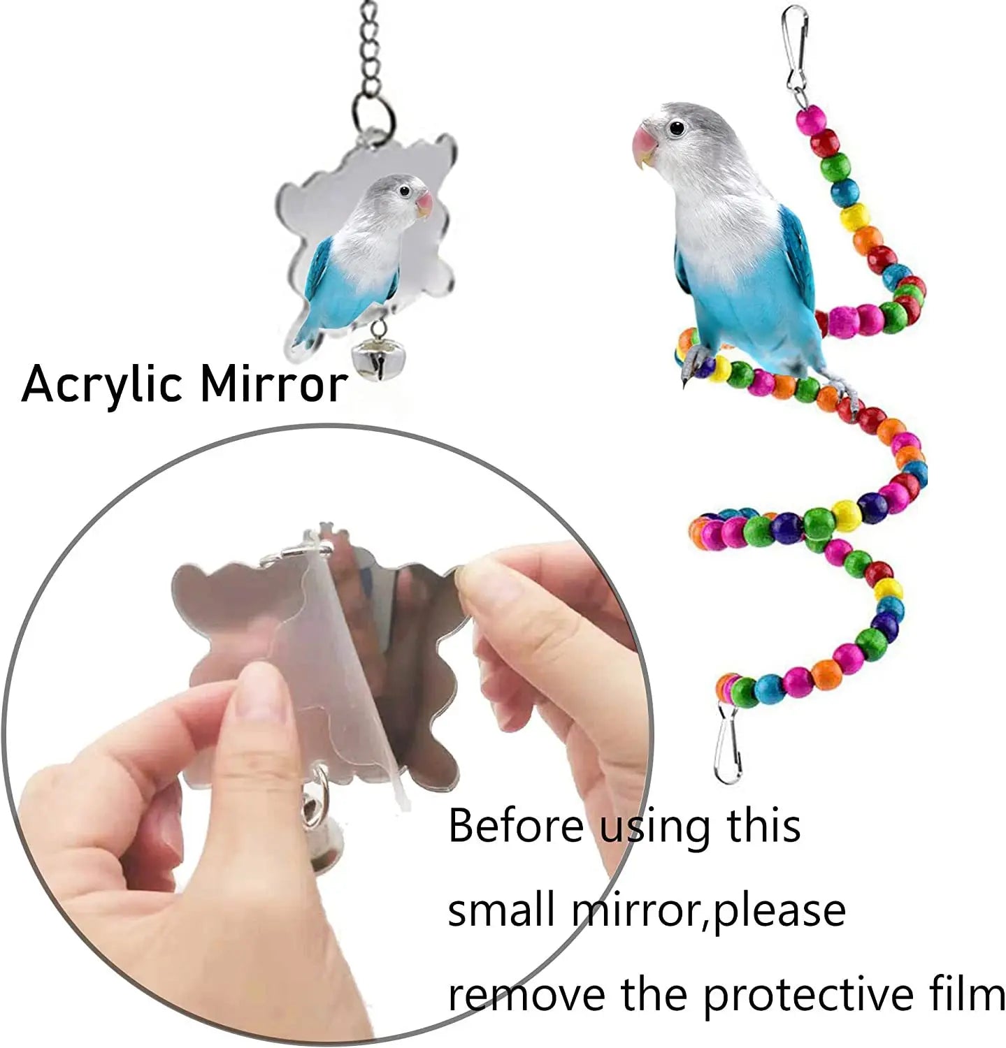 Lot de 7 jouets en bois pour perroquets, accessoires pour cage à oiseaux, balançoire, pont suspendu, clochettes, etc.