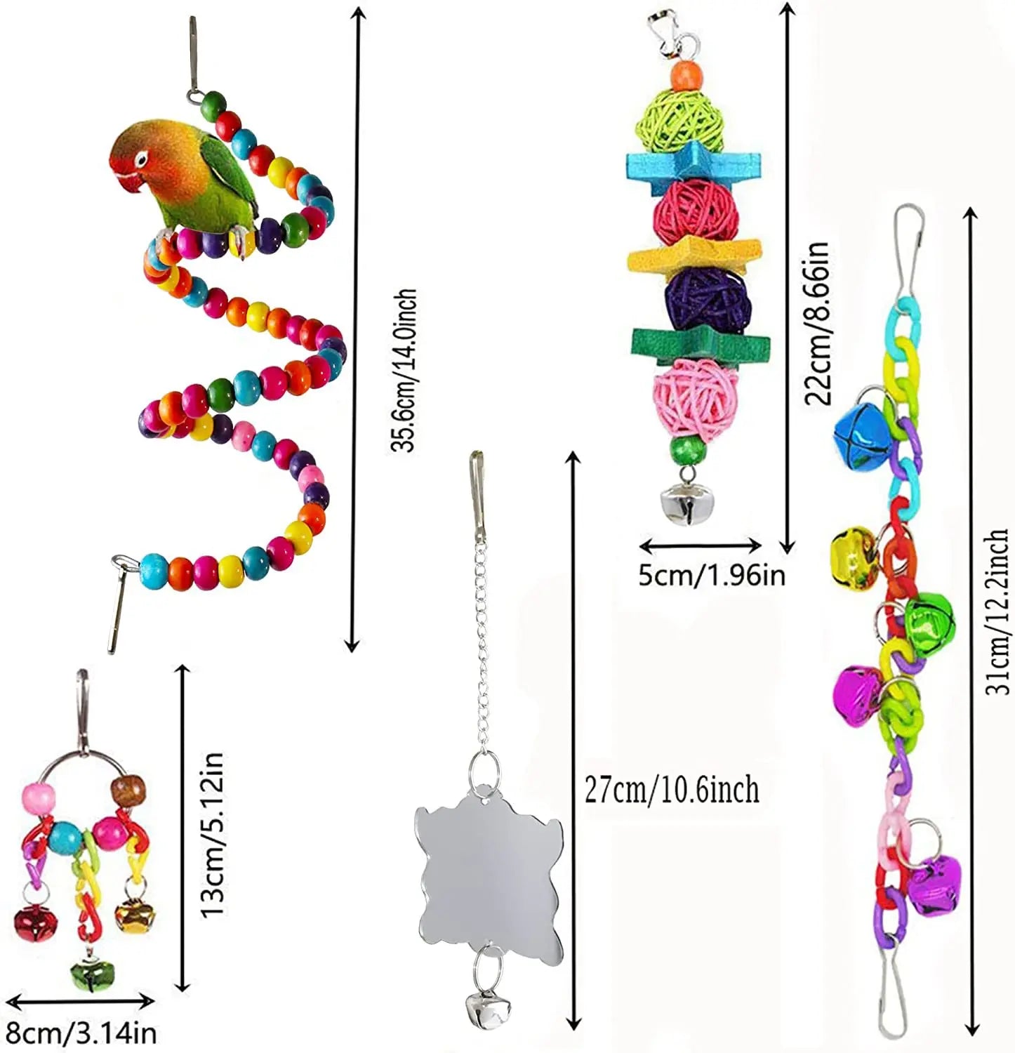 Lot de 7 jouets en bois pour perroquets, accessoires pour cage à oiseaux, balançoire, pont suspendu, clochettes, etc.