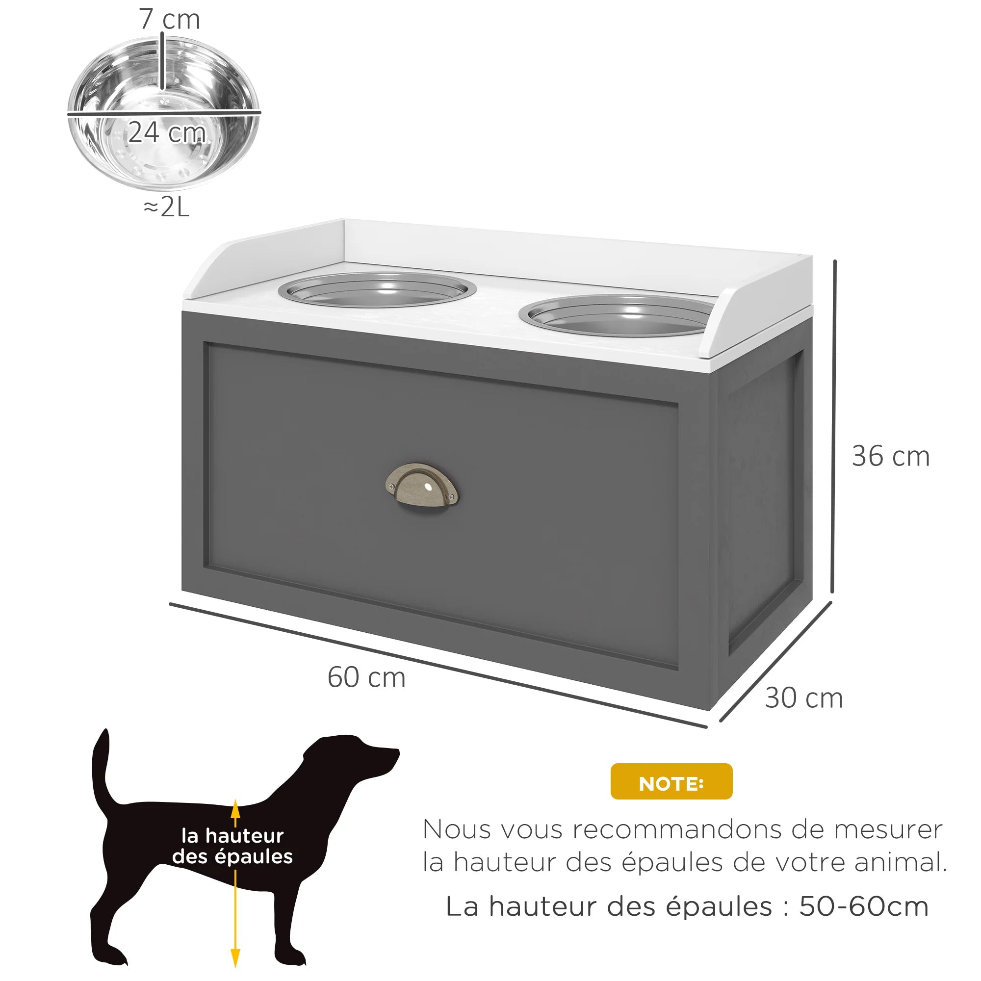 Support mobile pour gamelles de chien avec tiroir