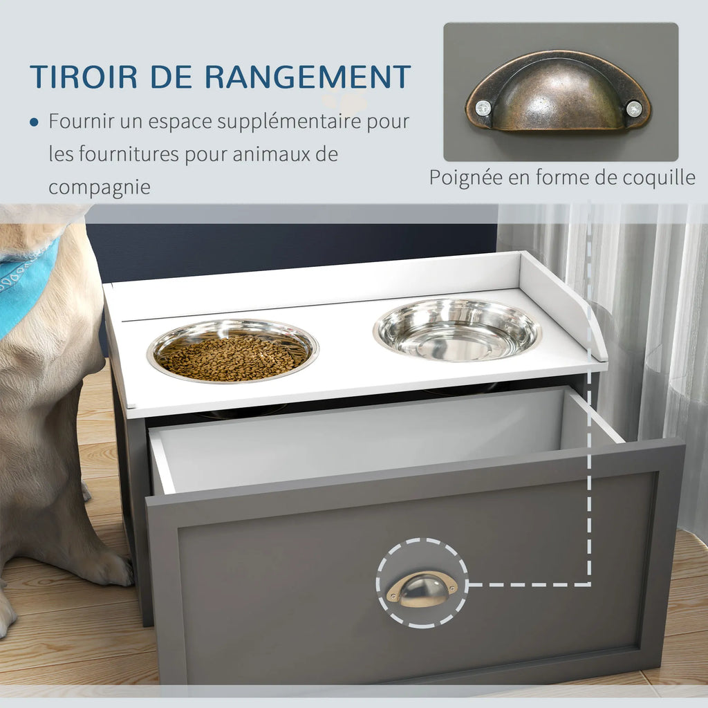 Support mobile pour gamelles de chien avec tiroir