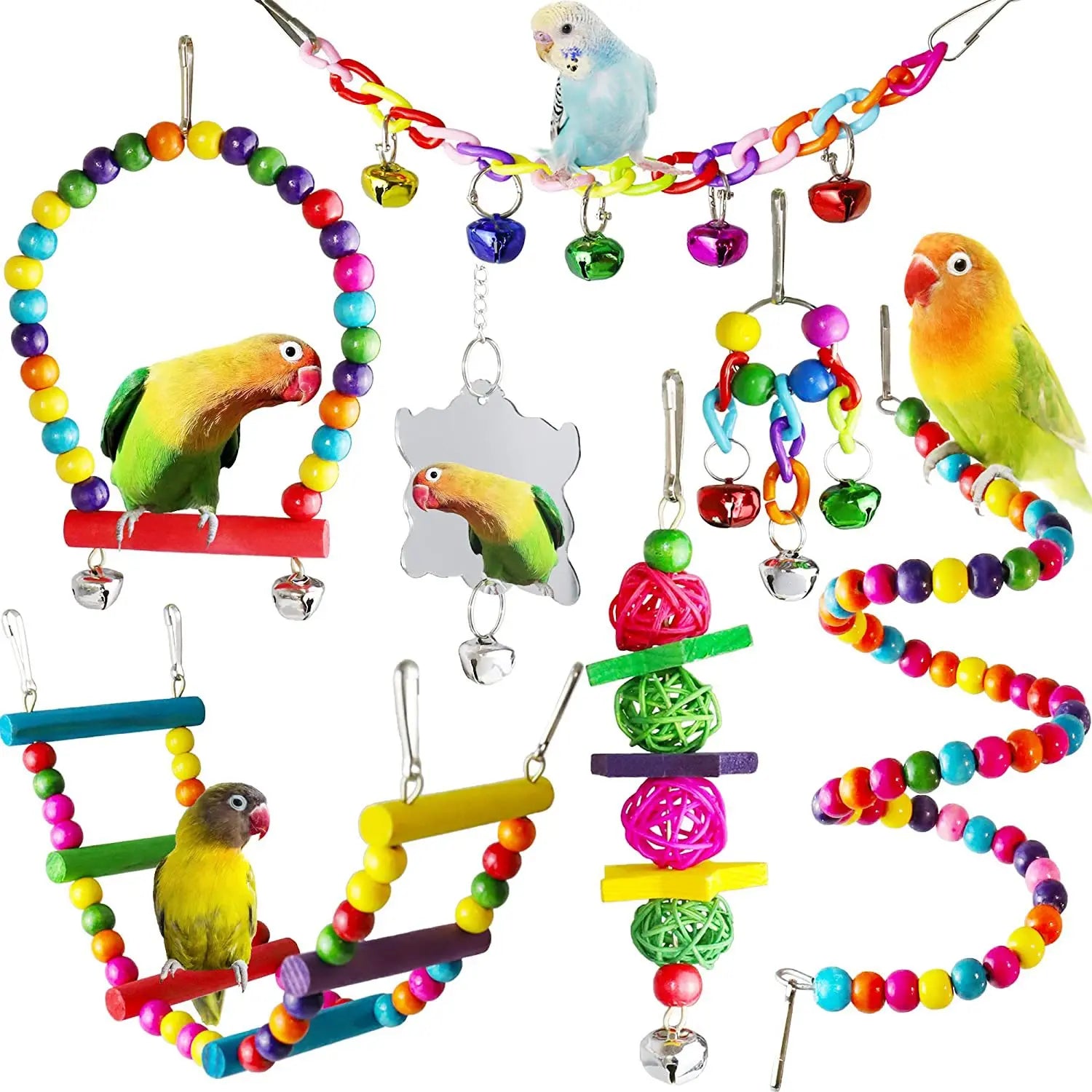 Lot de 7 jouets en bois pour perroquets, accessoires pour cage à oiseaux, balançoire, pont suspendu, clochettes, etc.