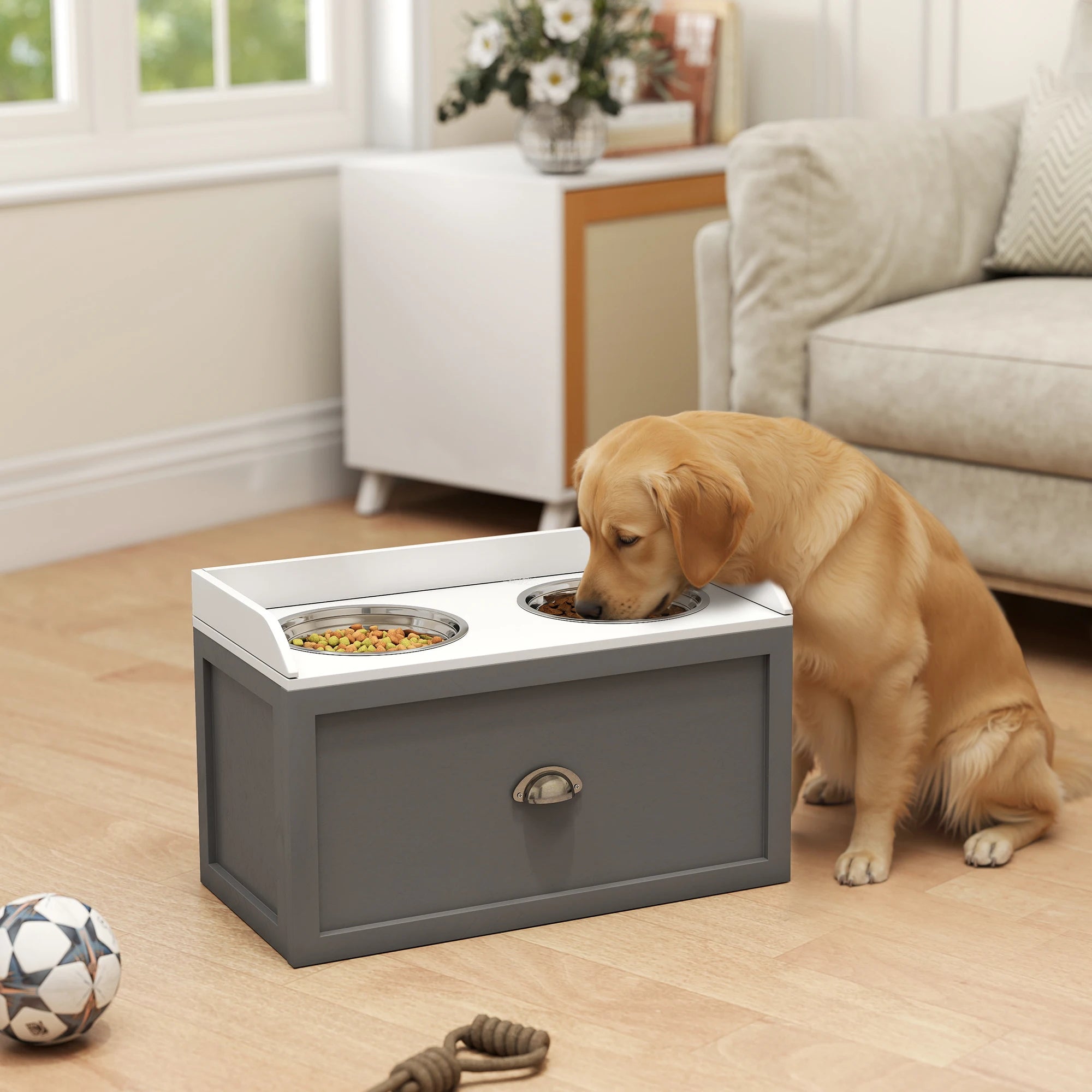 Support mobile pour gamelles de chien avec tiroir
