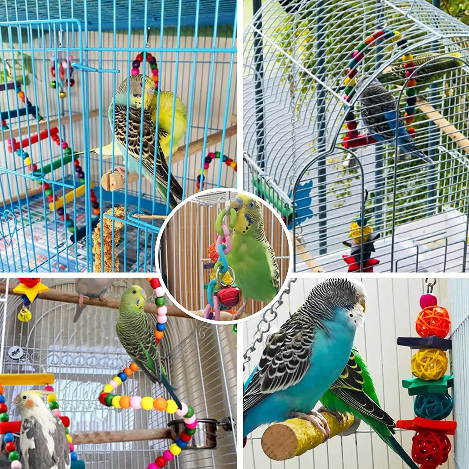 Lot de 7 jouets en bois pour perroquets, accessoires pour cage à oiseaux, balançoire, pont suspendu, clochettes, etc.