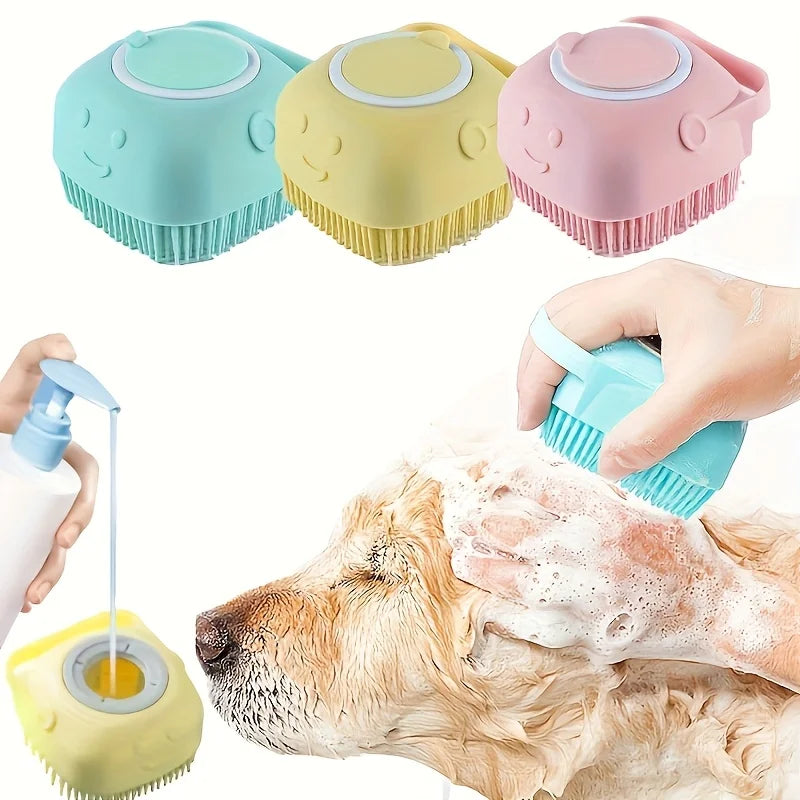 Brosse de massage en silicone souple pour animaux de compagnie avec compartiment à shampoing intégré