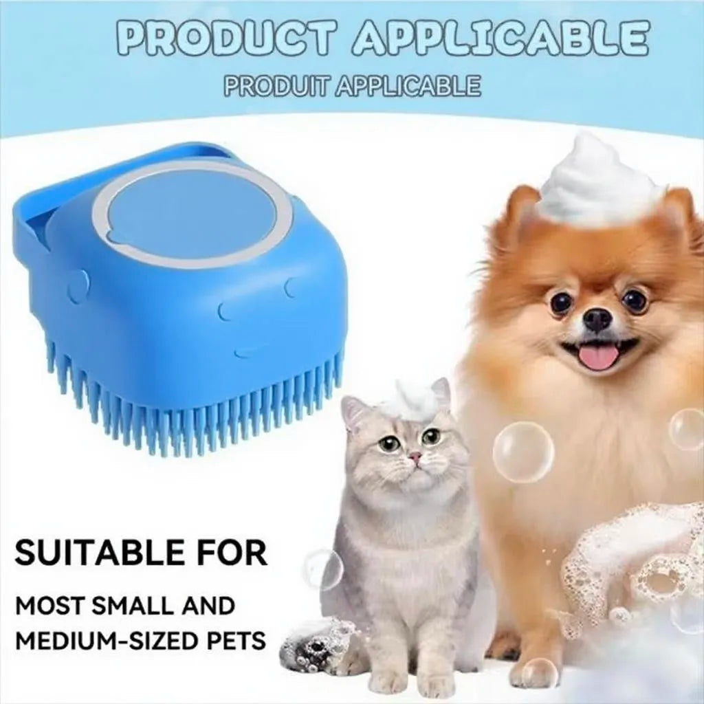 Brosse de massage en silicone souple pour animaux de compagnie avec compartiment à shampoing intégré